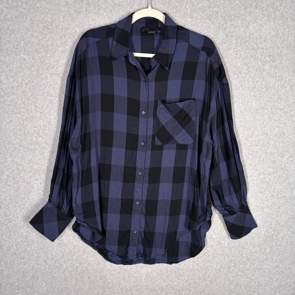 Sanctuary Flannel Shirt Medium Blue Black Buffalo Plaid Feminine Puff Sleeve